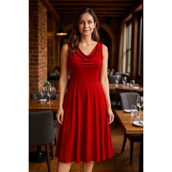 Jones Studio Red Cowl Neck Midi Dress Size 6 Empire Princess Fit & Flare Stretch - Picture 1 of 13